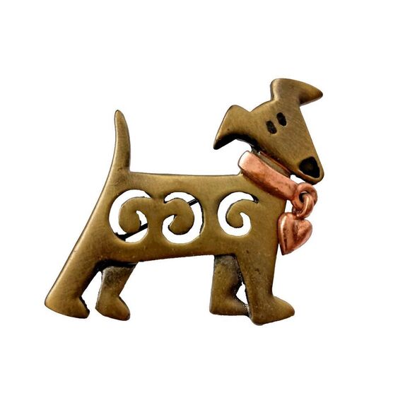 3D Cast Bronze Greyhound Puppy Brooch Moveable Heart Dangle Stylized - Picture 5 of 5